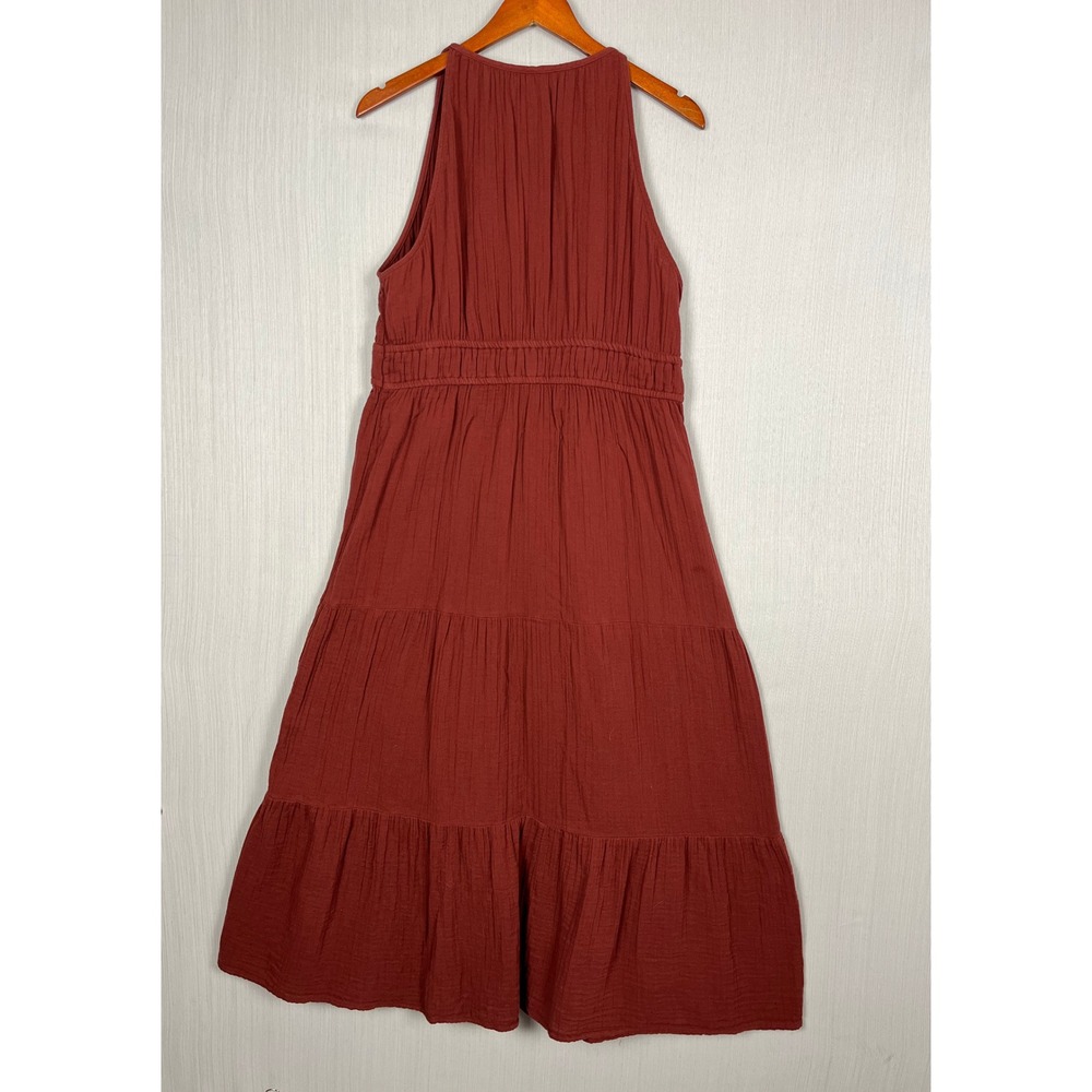 Boho Peasant Maxi Dress Womens L PETITE Red Cotton Gauze Tiered Gathered Peasant - Picture 4 of 7